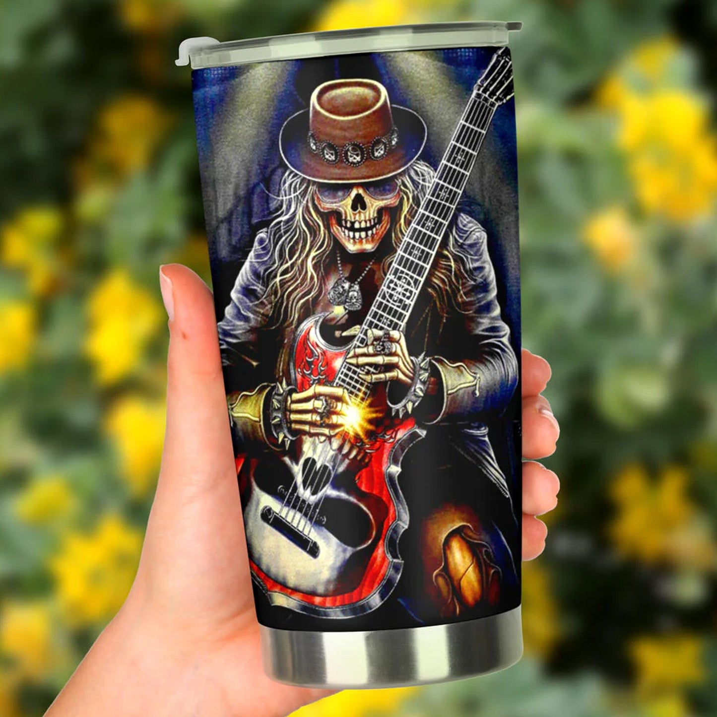 Guitarist skull Mug, punisher skull tumbler, goth tumblr, death skull tumblr, grim reaper coffee mug, gothic skull mug, skeleton travel mug