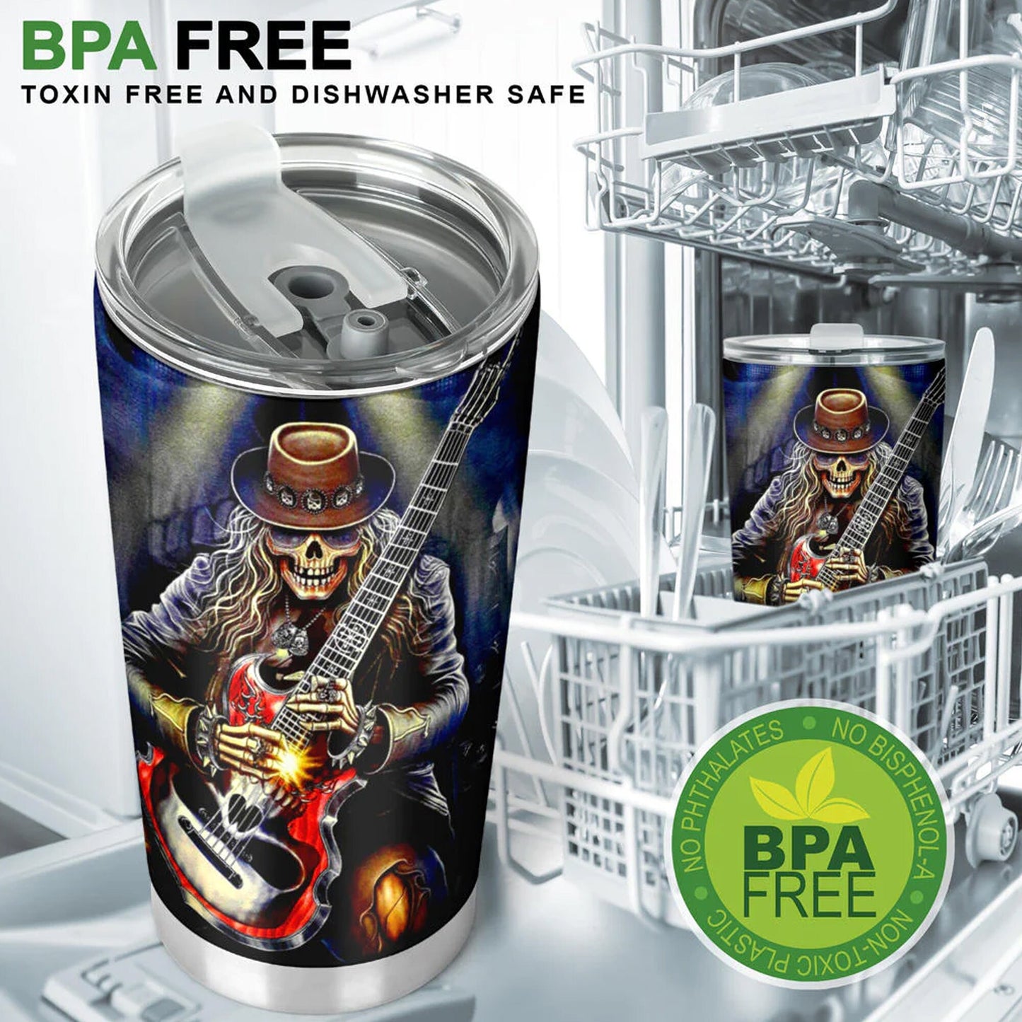 Guitarist skull Mug, punisher skull tumbler, goth tumblr, death skull tumblr, grim reaper coffee mug, gothic skull mug, skeleton travel mug