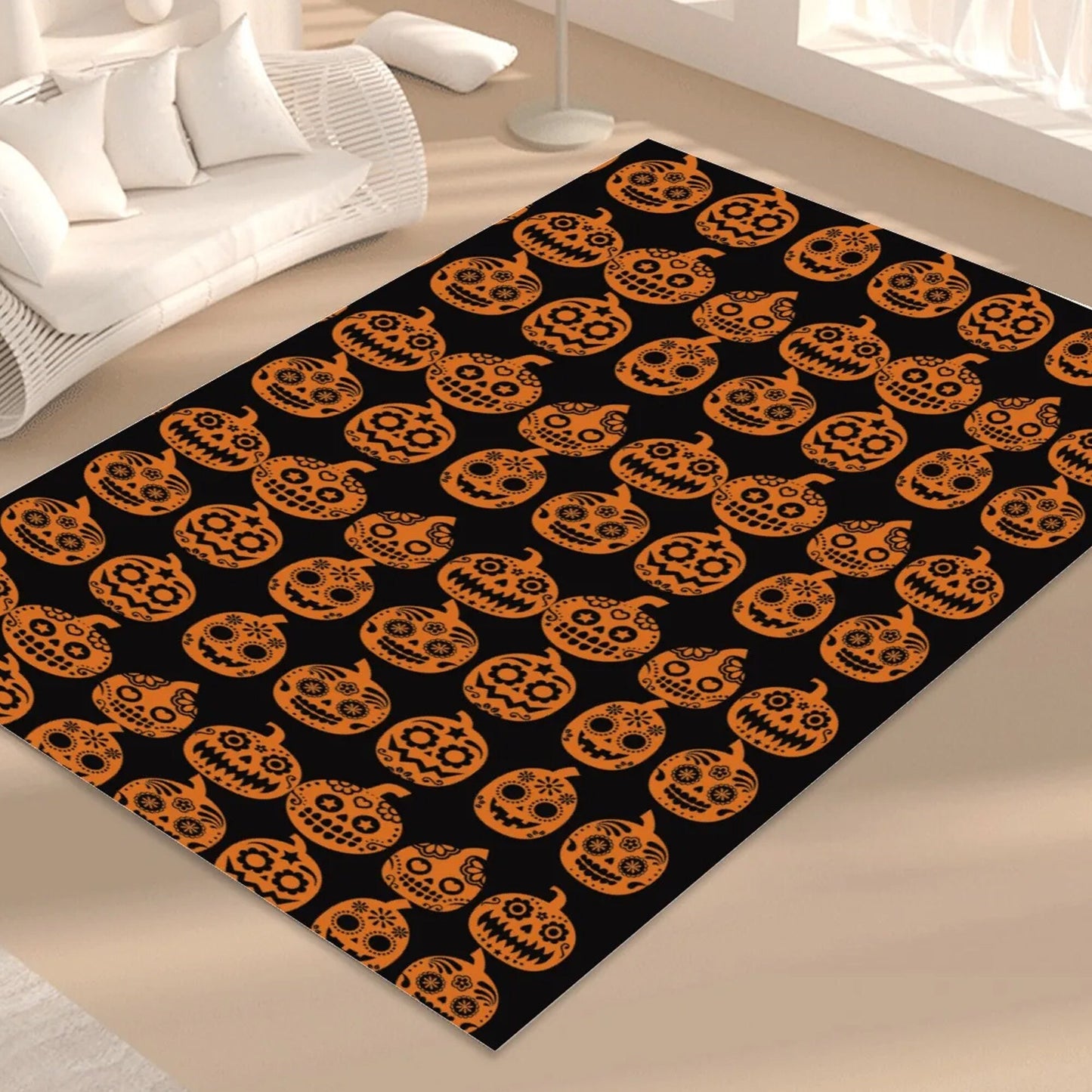 Sugar skull pumpkin carpet, floral sugar skull kitchen mat, dia de los muertos skull carpet, sugar skull girl floor carpet, candy skull rug