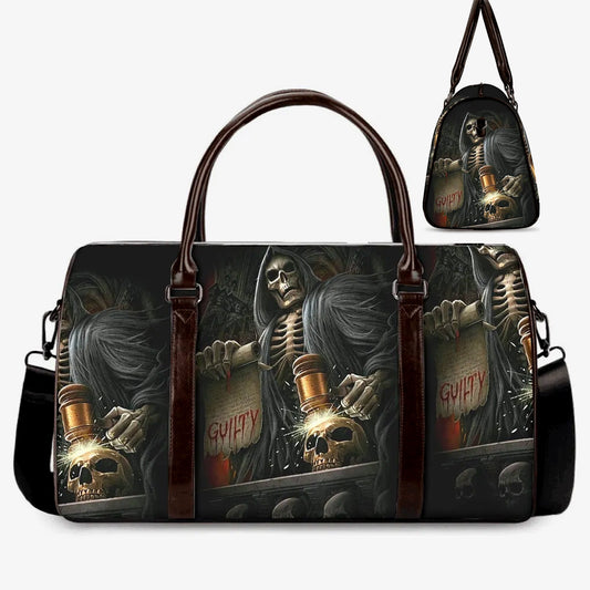 Flame skull Canvas Weekend Travel Bag, biker skull monogrammed bag, rose skull handbag, motorcycle skull shoulder bag grim reaper duffel bag