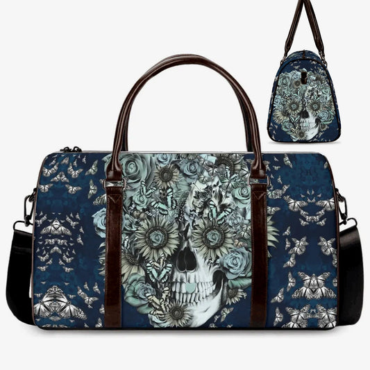 Rose skull handbag, skull Hospital Bag, flaming skull Canvas Weekend Travel Bag, halloween monogrammed bag, flame skull shoulder handbag