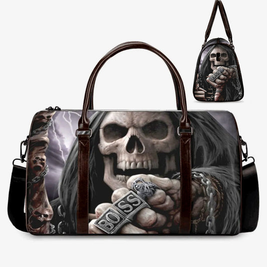 Punisher skull monogrammed bag, death skull travel bag, reaper skull handbag, skull duffel bag, floral skull Overnight Bag flaming skull bag