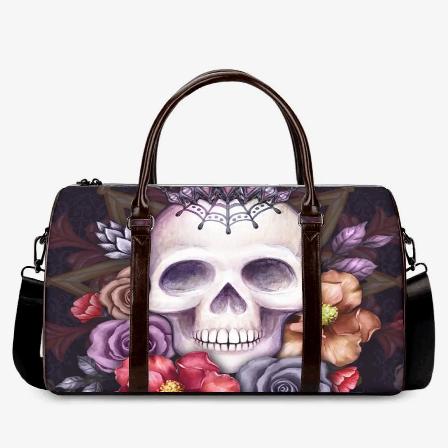 Floral skull duffel bag, flaming skull large travel bag skull in fire Overnight Bag flower skull Overnight Bag motorcycle skull shoulder bag