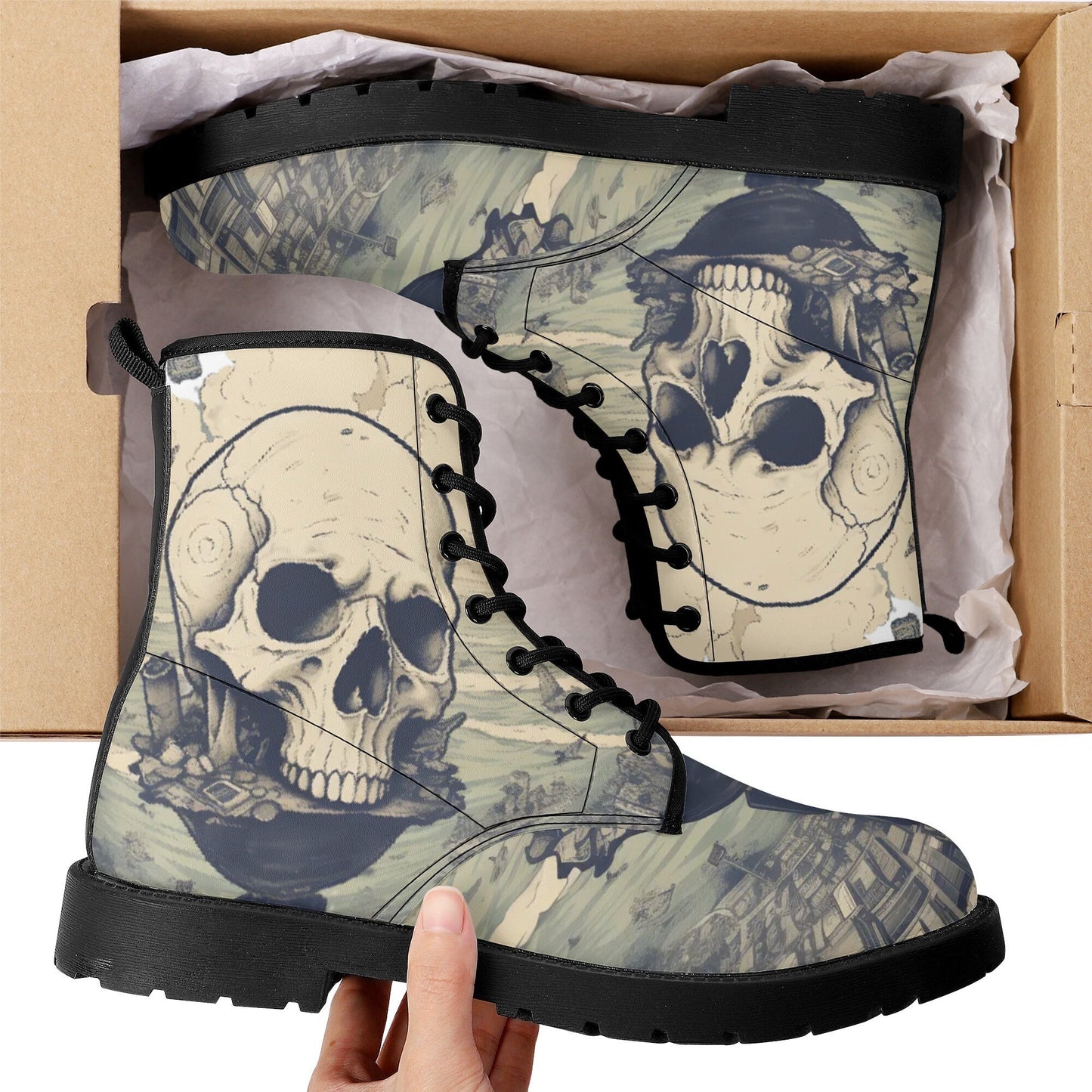 Evil unisex shoes, goth waterproof boot, flower skull waterproof Lace Up Anti-Slip platform nooties, skull in fire waterproof boot shoes