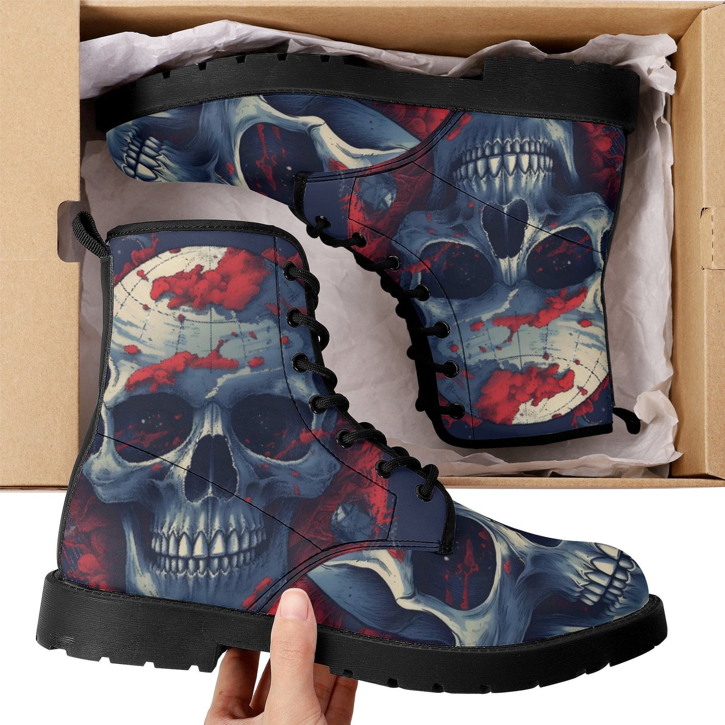 Flaming skull men women boots, skeleton waterproof Lace Up Anti-Slip platform nooties, skeleton combat boots flower skull unisex boots shoes