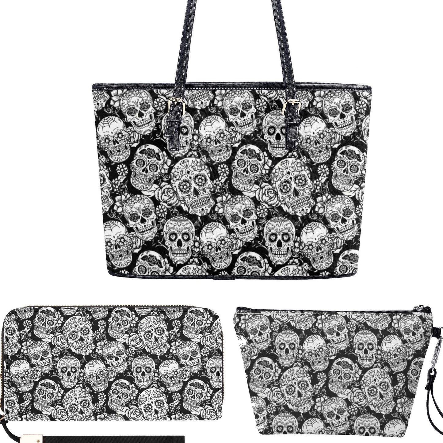 Dia de los muertos skull messenger bag, calaveras skull wallet, candy skull cosmetic bag, calaveras skull tote bag, floral sugar skull tote