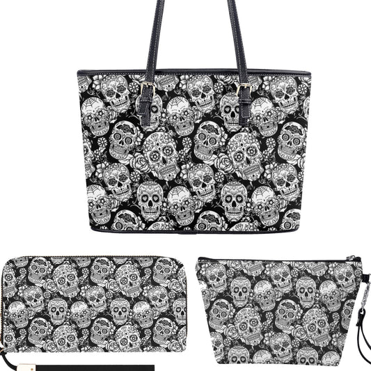 Dia de los muertos skull messenger bag, calaveras skull wallet, candy skull cosmetic bag, calaveras skull tote bag, floral sugar skull tote