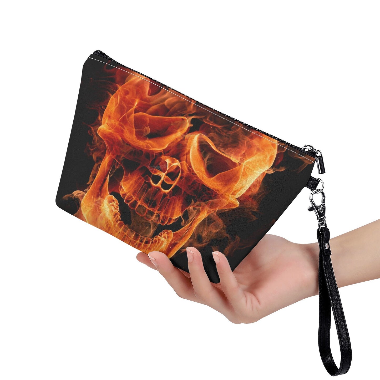 Flame skull messenger bag, punisher skull handbag, skull in fire tote bag, floral skull long wallet, floral skull crossbody bag skull purse
