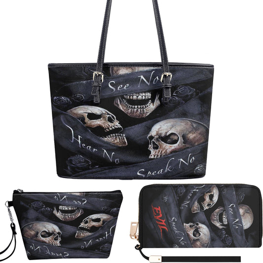 No see no hear no speak skull handbag, rose skull long wallet, floral skull cosmetic wallet, skeleton tote bag halloween tote bag wallet set