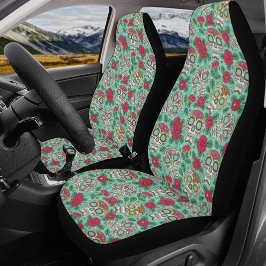 Sugar skull car seat protector, sugar skull car mat flooring, floral skull car floor mat, floral skull car tool, floral skull car seat cover