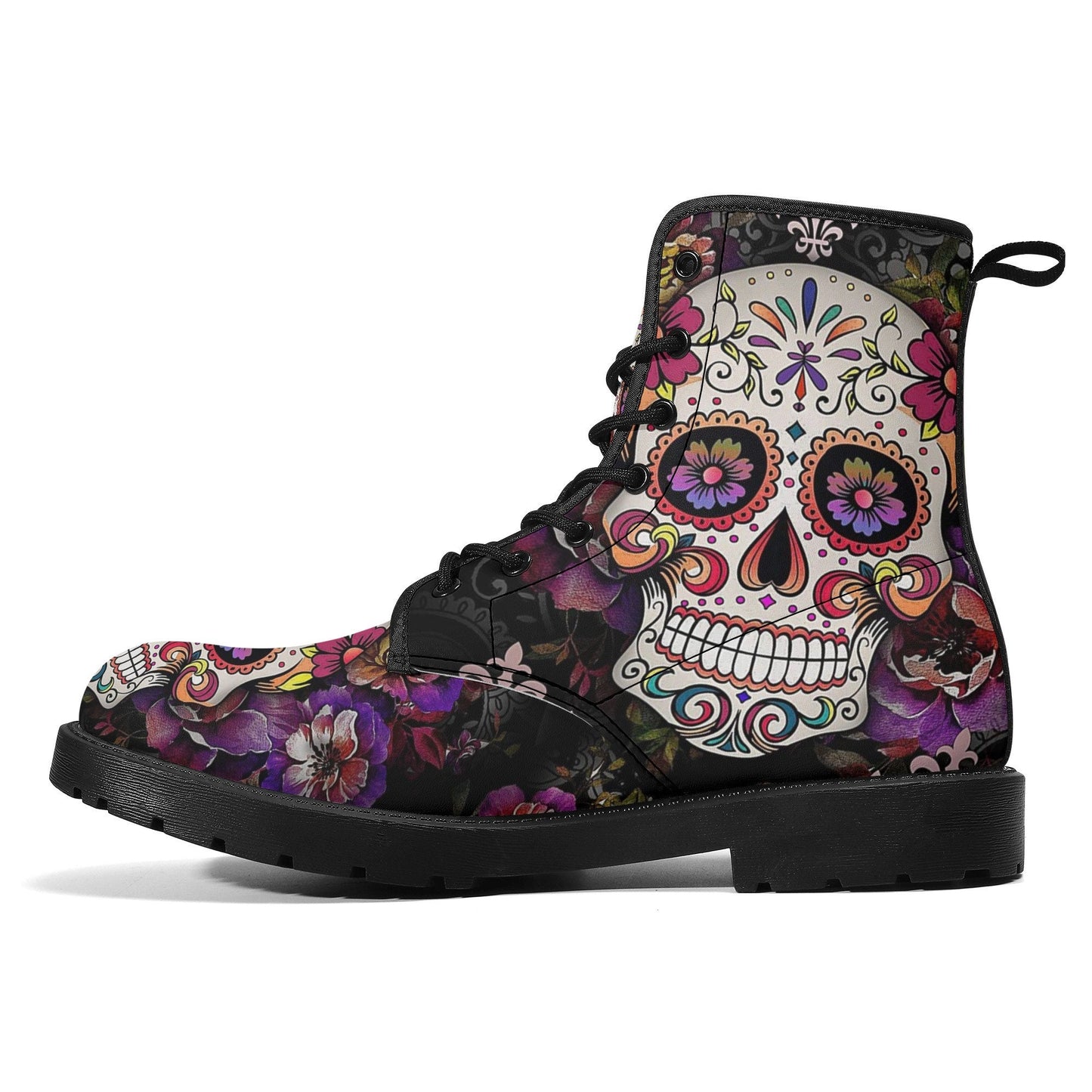 Floral skull fashion leather boots, floral sugar skull waterproof Lace Up Anti-Slip platform nooties candy skull fashion leather boots shoes
