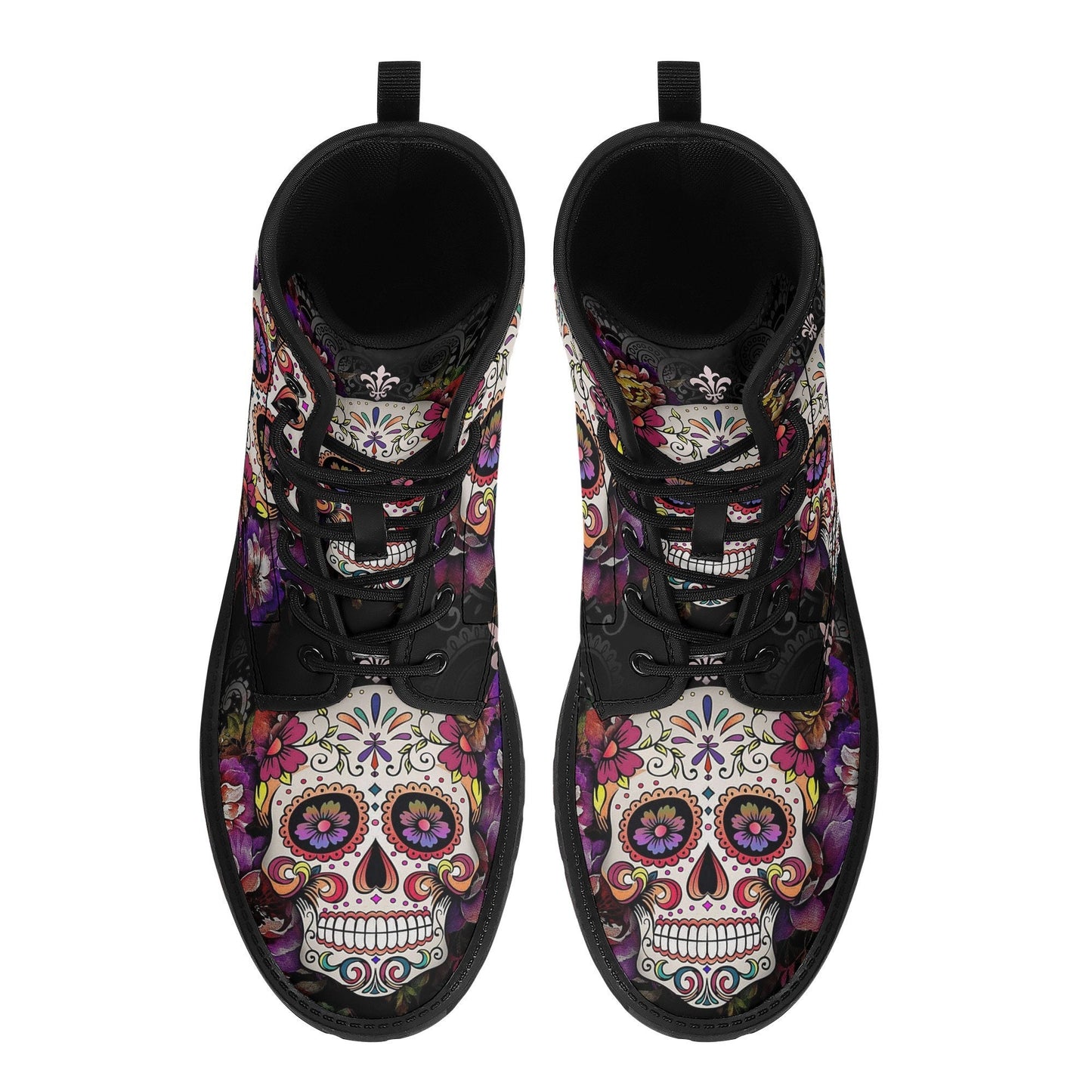 Floral skull fashion leather boots, floral sugar skull waterproof Lace Up Anti-Slip platform nooties candy skull fashion leather boots shoes