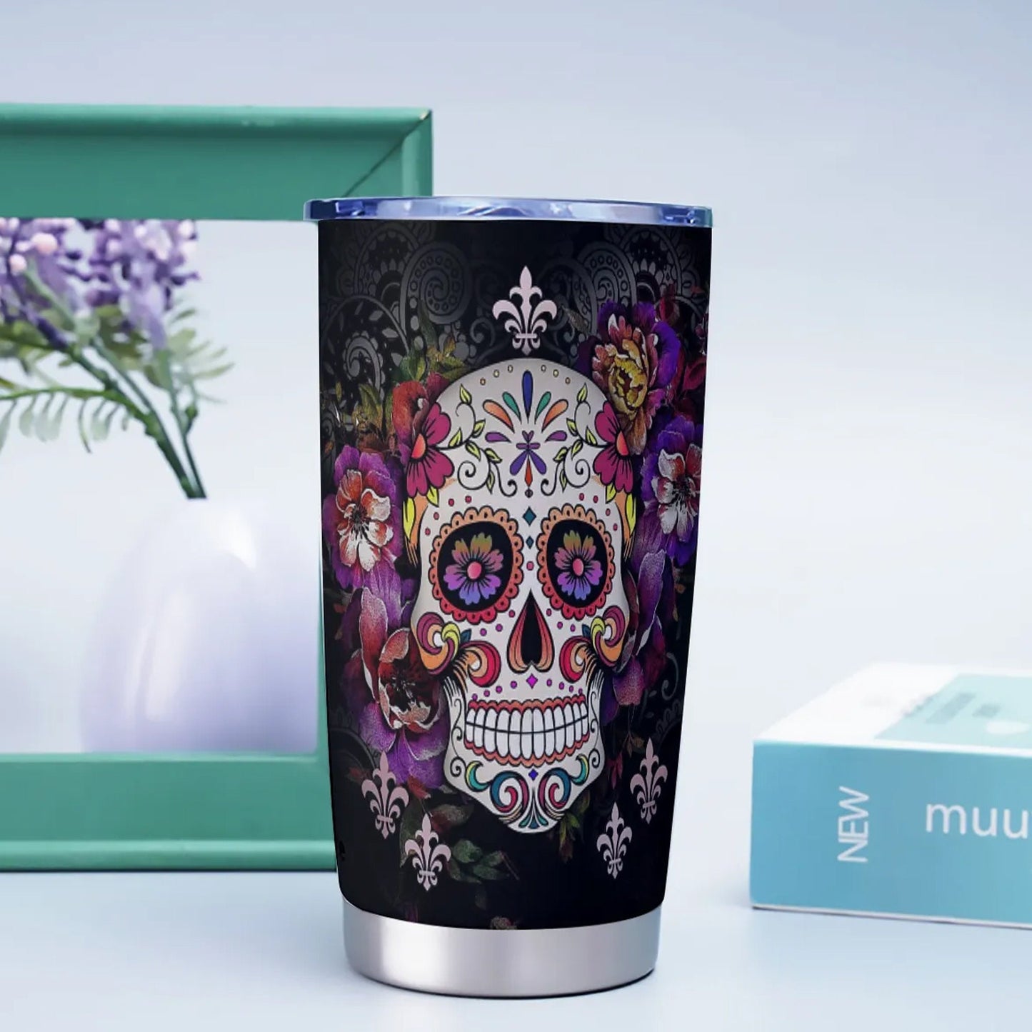 Candy skull cup, mexico beer mug, dia de los muertos skull travel mug, dia de los muertos skull cup sugar skull freezer Mug, sugar skull cup