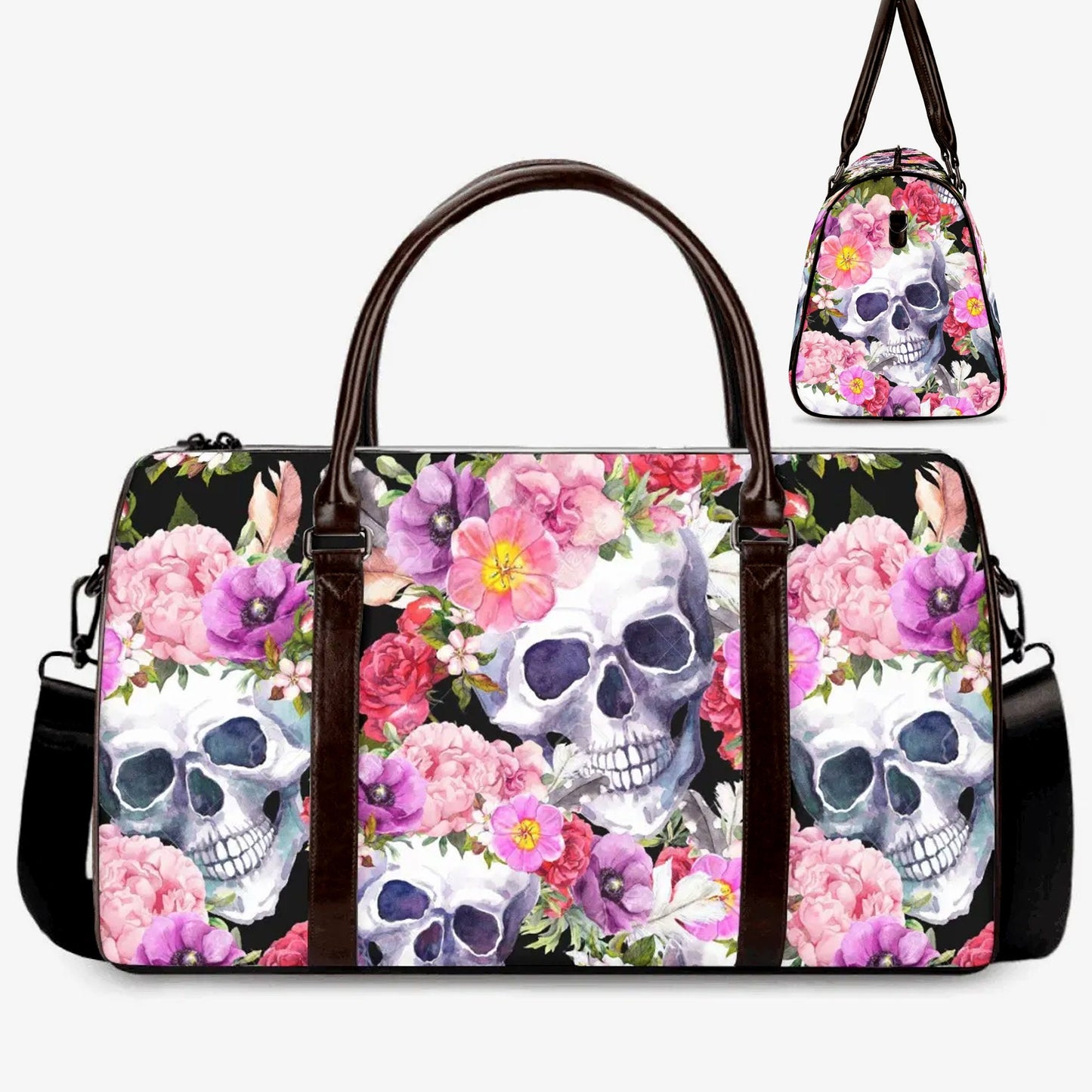 Flower skull Hospital Bag, floral skull Overnight Bag, goth Hospital Bag, halloween weekender bags, motorcycle skull Hospital Bag, skull bag