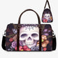 Floral skull duffel bag, flaming skull large travel bag skull in fire Overnight Bag flower skull Overnight Bag motorcycle skull shoulder bag