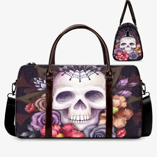 Floral skull duffel bag, flaming skull large travel bag skull in fire Overnight Bag flower skull Overnight Bag motorcycle skull shoulder bag