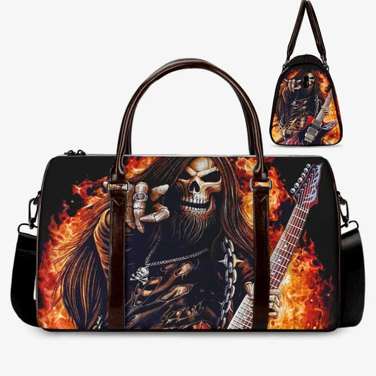 Guitarist skull weekender bags, death skull monogrammed bag, grim reaper Vacation Holidays Travel Bag, flaming skull travel bag, flame skull