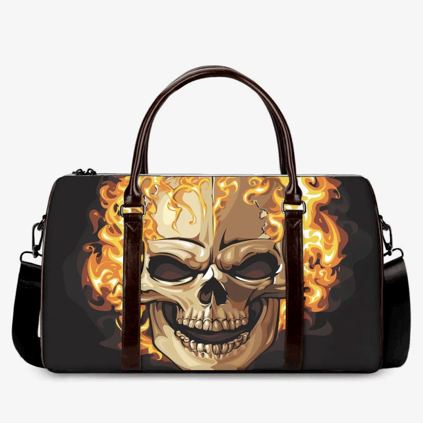 Horror Overnight Bag, flaming skull duffel bag, skeleton Canvas Weekend Travel Bag, rose skull travel bag, grim reaper shoulder bag handbag