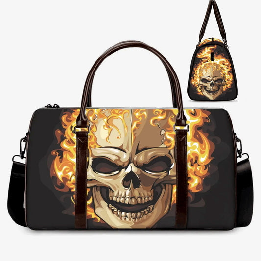 Horror Overnight Bag, flaming skull duffel bag, skeleton Canvas Weekend Travel Bag, rose skull travel bag, grim reaper shoulder bag handbag