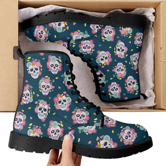 Floral skull men women boots, sugar skull girl men women boots, sugar skull winter boots, floral skull boots, mexican skull men women boots