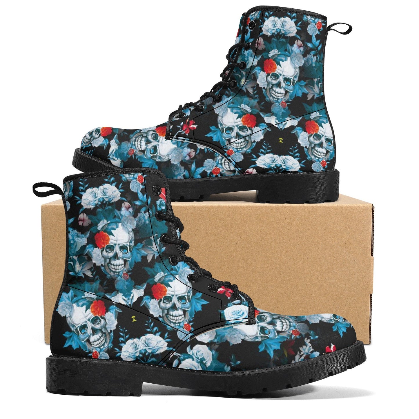Flower skull ankle booties, christmas skull ankle booties, flame skull winter boots, floral skull unisex shoes, rose skull ankle Boots shoes
