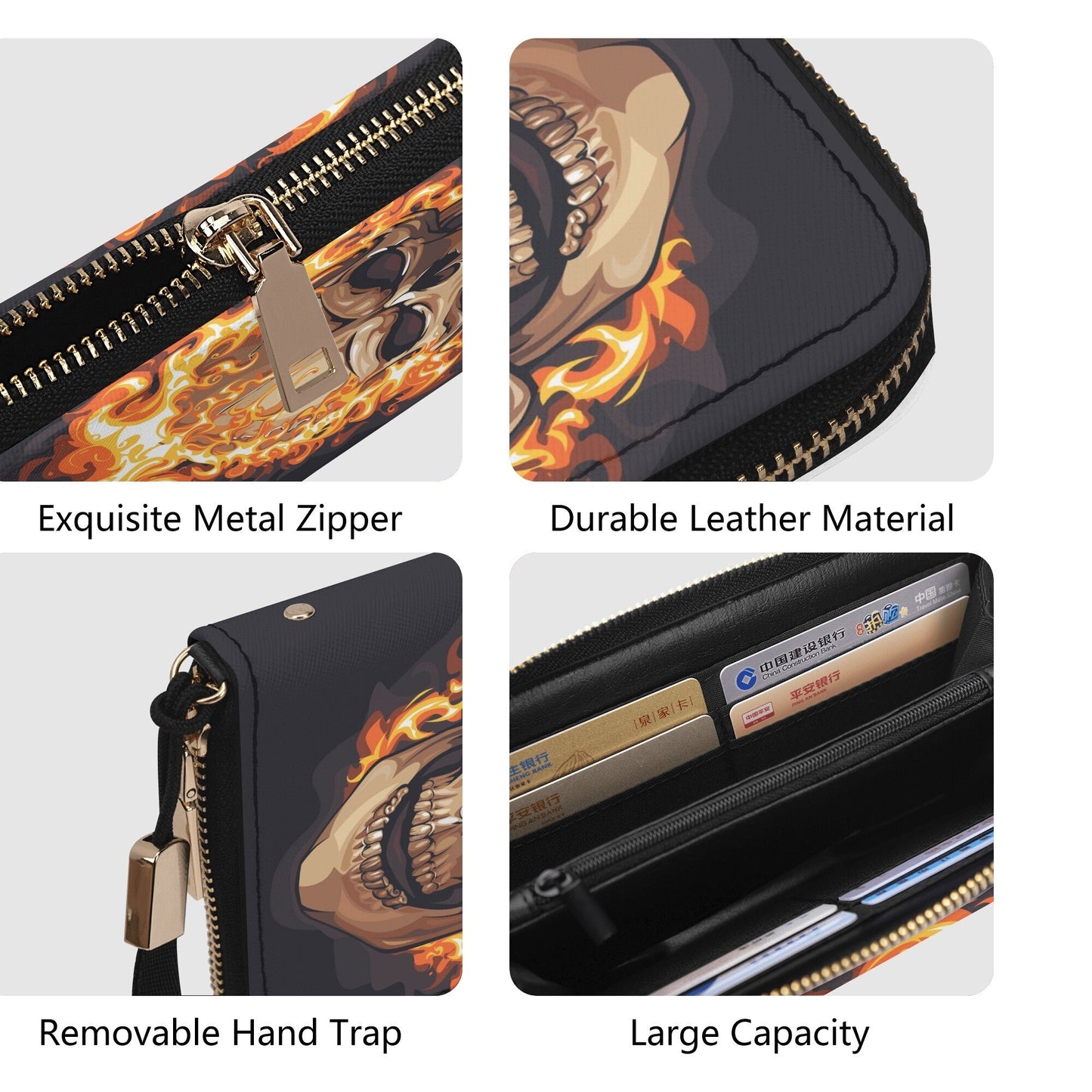 Horror long wallet, flame skull long wallet, goth crossbody bag, gothic skull bag with shoulder strap, flame skull tote bag flame skull bag