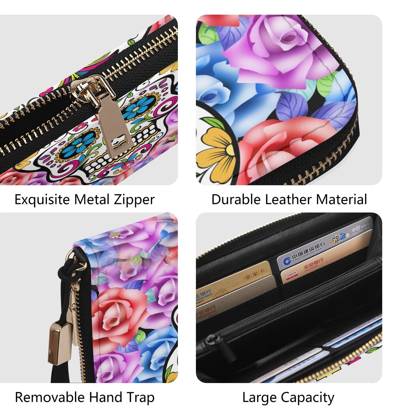 Dia de los muertos skull cosmetic wallet, sugar skull girl shoulder bag, cinco de mayo skull long wallet day of the dead long wallet bag set