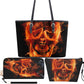 Flame skull messenger bag, punisher skull handbag, skull in fire tote bag, floral skull long wallet, floral skull crossbody bag skull purse