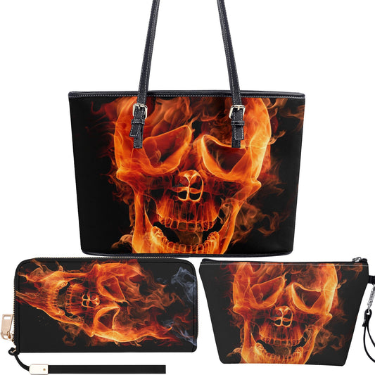 Flame skull messenger bag, punisher skull handbag, skull in fire tote bag, floral skull long wallet, floral skull crossbody bag skull purse