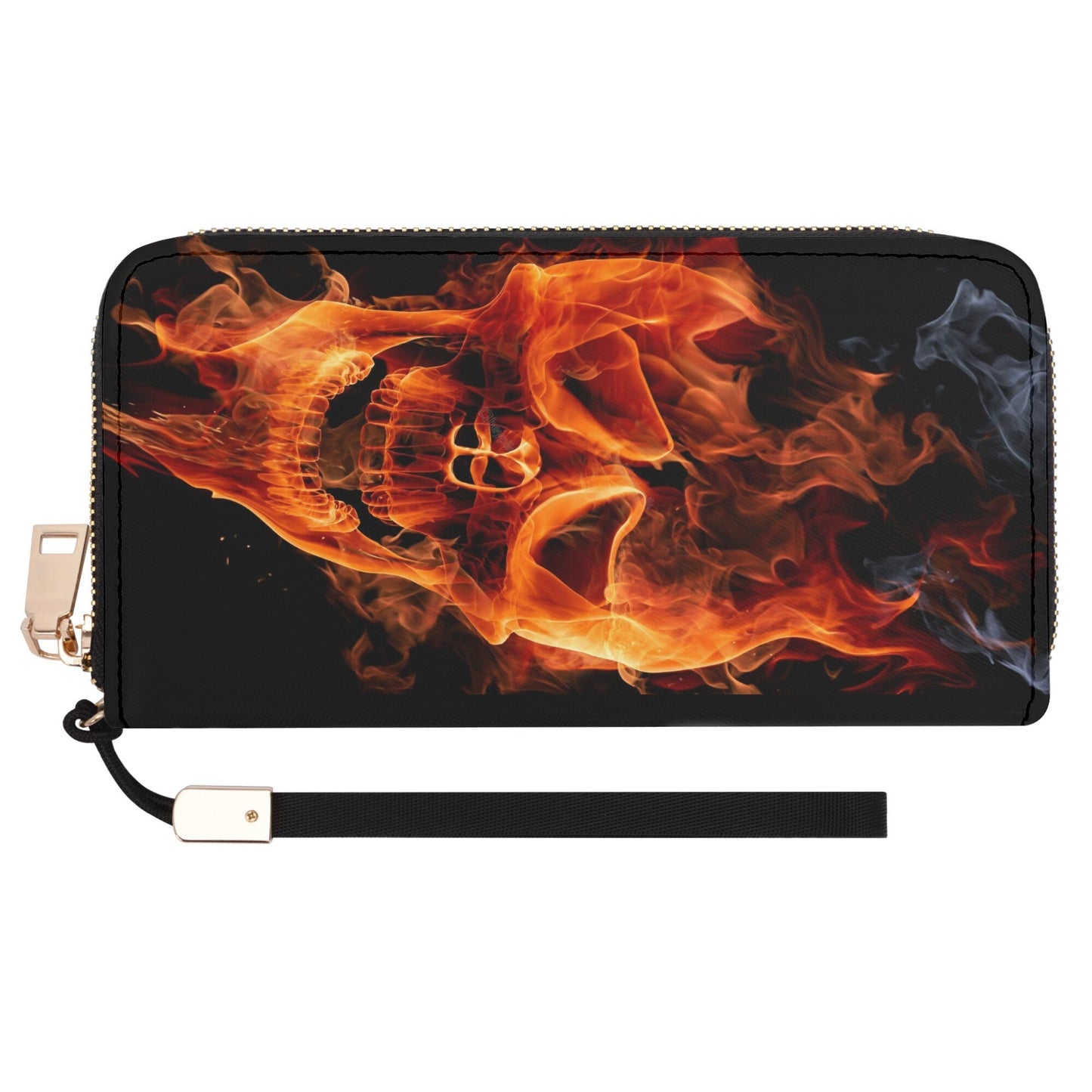 Flame skull messenger bag, punisher skull handbag, skull in fire tote bag, floral skull long wallet, floral skull crossbody bag skull purse