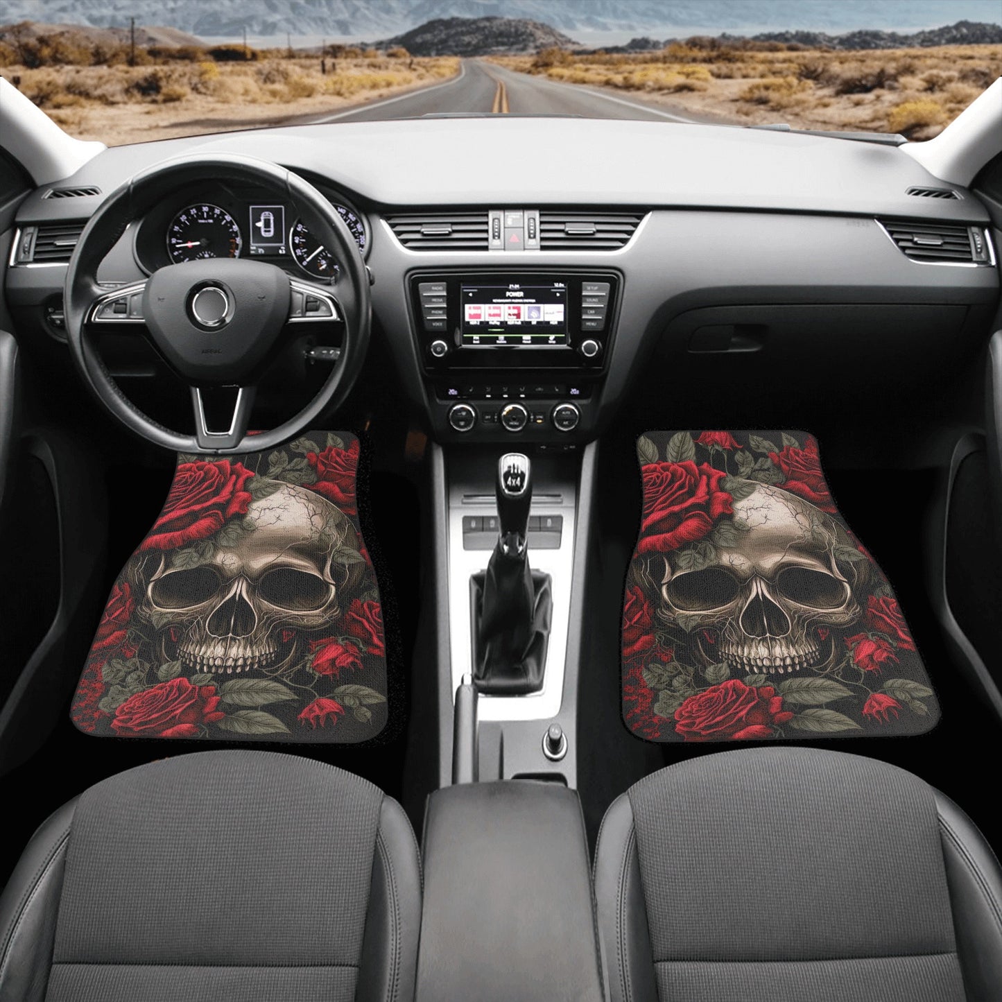 Rose skull rug for car, skull in fire front and back car seat covers, death skull car mat, skull seat cover protector, skull car seat covers