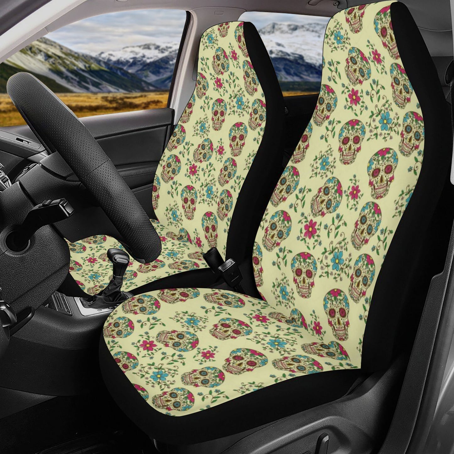 Floral sugar skull truck seat cover, mexican skull rug for car, day of the dead seat cover for car, day of the dead car seat cushion covers