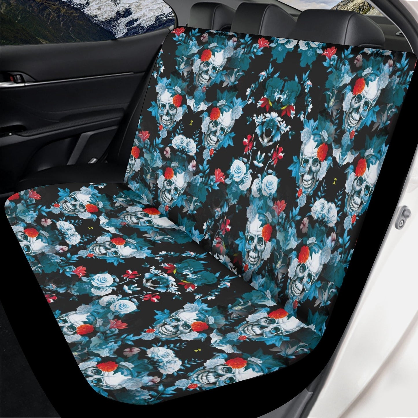 Skull seat cover for truck, flame skull seat cover for truck, skeleton car rug, flame skull car protector goth car rug, skull floral car mat