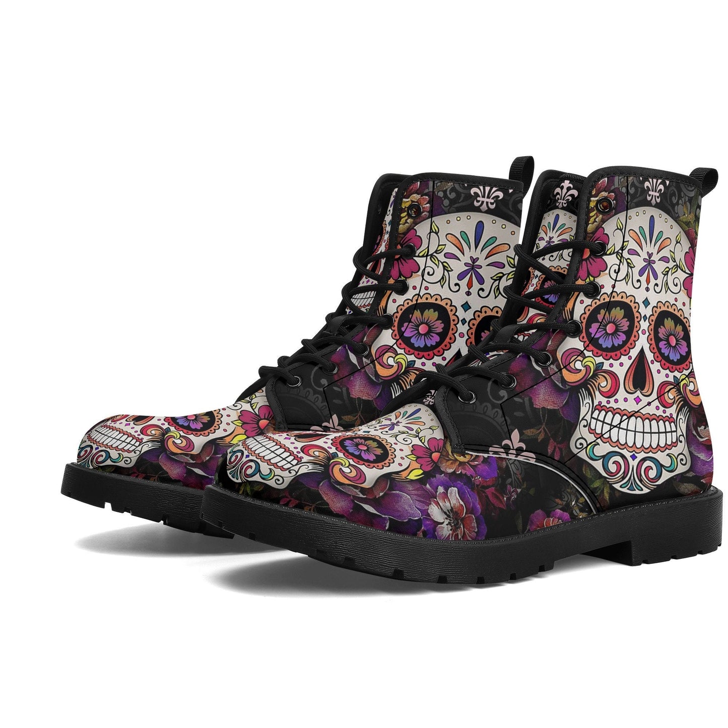 Floral skull fashion leather boots, floral sugar skull waterproof Lace Up Anti-Slip platform nooties candy skull fashion leather boots shoes