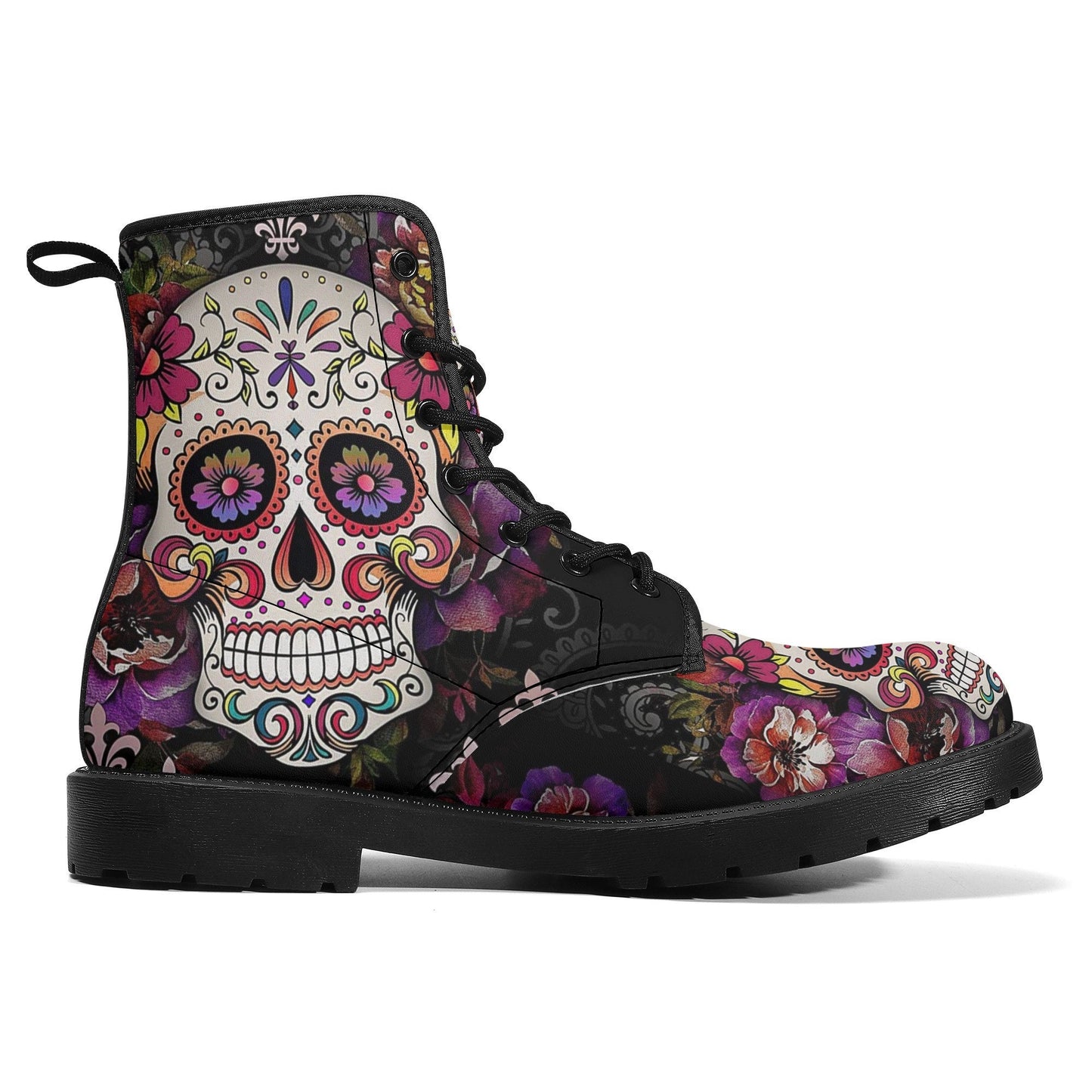 Floral skull fashion leather boots, floral sugar skull waterproof Lace Up Anti-Slip platform nooties candy skull fashion leather boots shoes