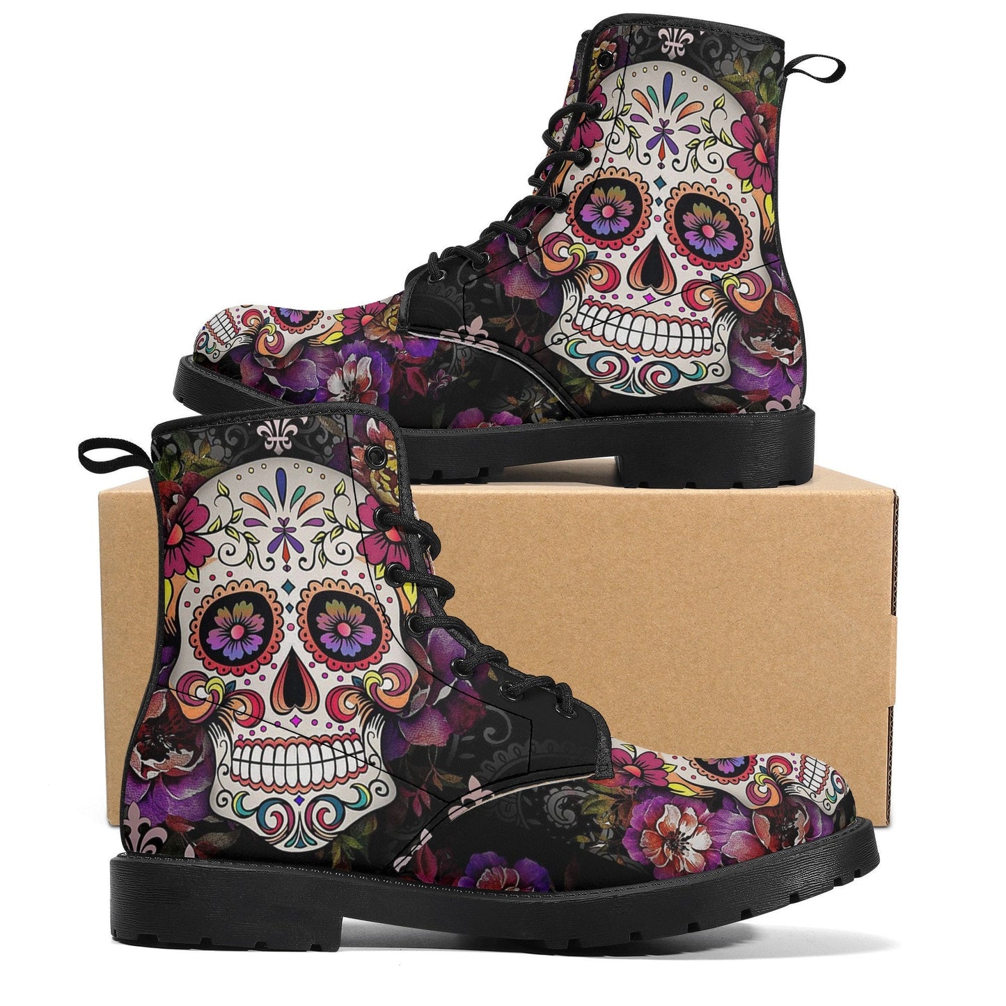 Floral skull fashion leather boots, floral sugar skull waterproof Lace Up Anti-Slip platform nooties candy skull fashion leather boots shoes