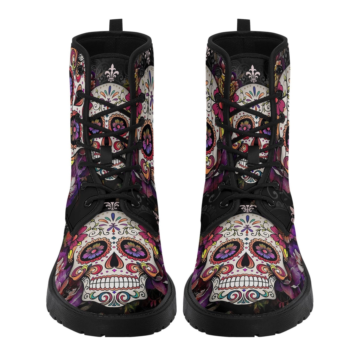 Floral skull fashion leather boots, floral sugar skull waterproof Lace Up Anti-Slip platform nooties candy skull fashion leather boots shoes