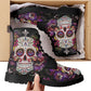 Floral skull fashion leather boots, floral sugar skull waterproof Lace Up Anti-Slip platform nooties candy skull fashion leather boots shoes