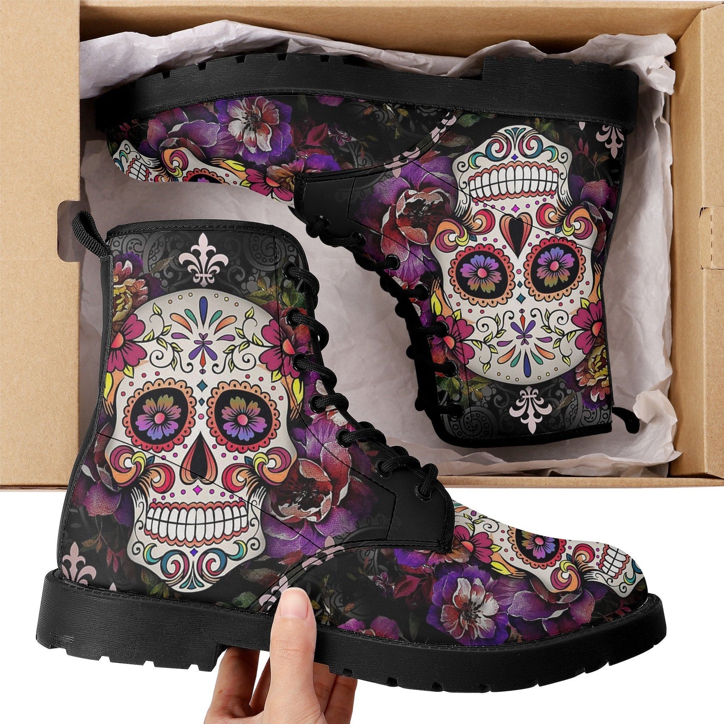 Floral skull fashion leather boots, floral sugar skull waterproof Lace Up Anti-Slip platform nooties candy skull fashion leather boots shoes