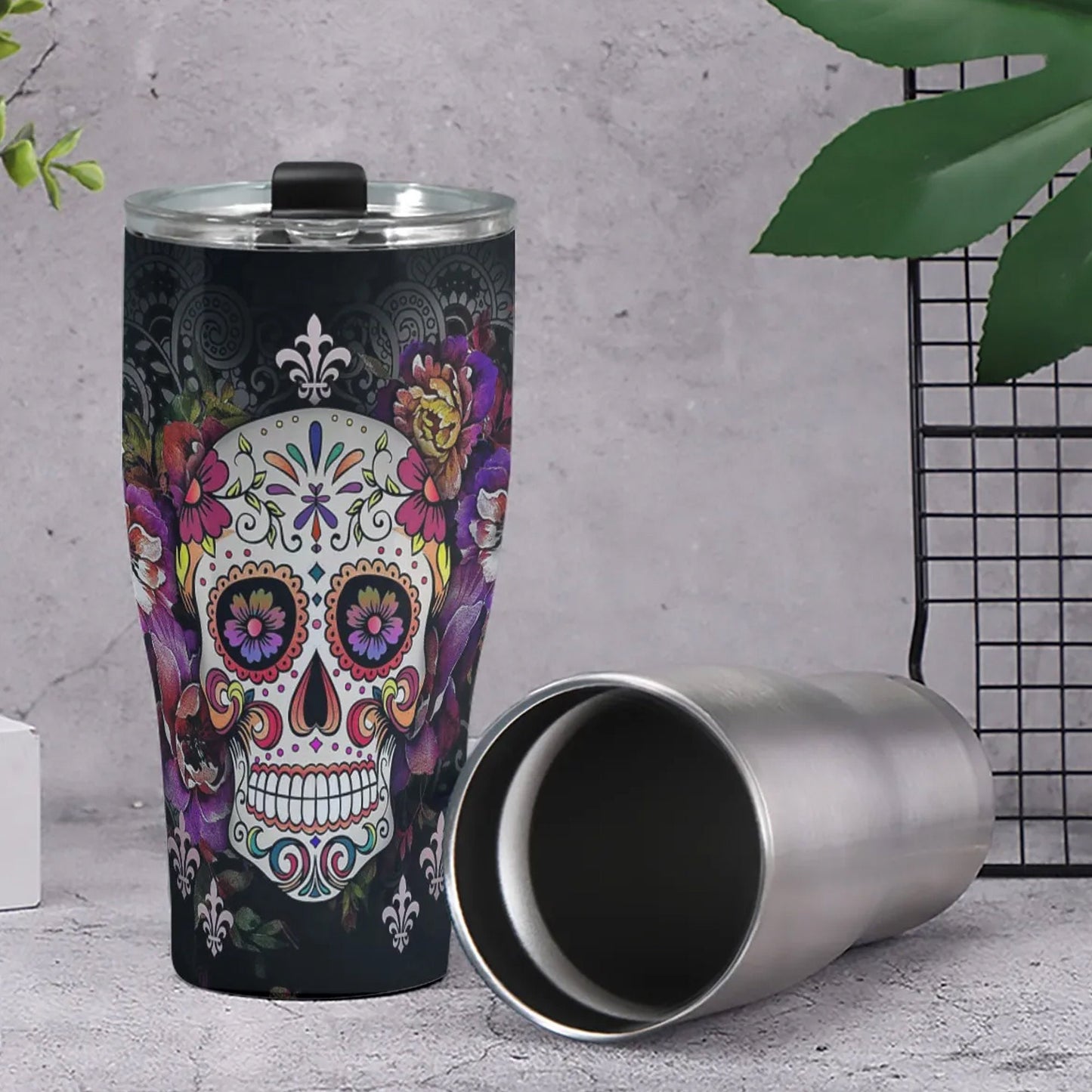 Candy skull cup, mexico beer mug, dia de los muertos skull travel mug, dia de los muertos skull cup sugar skull freezer Mug, sugar skull cup