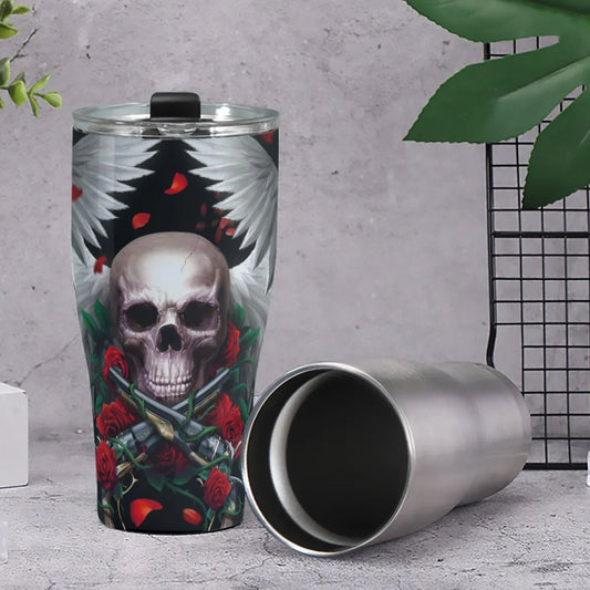 Rose skull tumbler coffee mug, grim reaper travel mug, flaming skull cup, death skull mug, skull in fire tumblr, evil cup, skull with flower