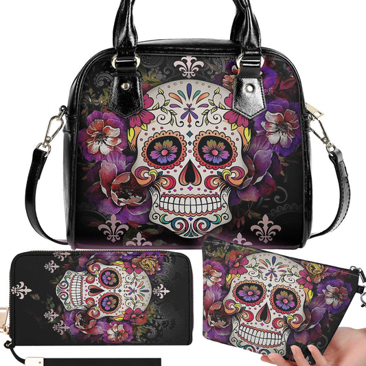 Candy skull crossbody bag, sugar skull girl cosmetic wallet, mexico handbag, sugar skull messenger bag, candy sugar skull purse wallet set