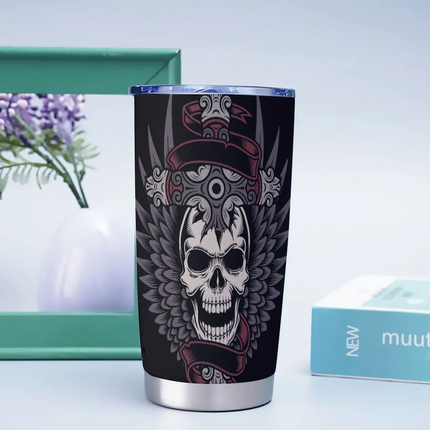 Wings skull travel mug, skull beer mug, motorcycle skull tumbler cup mug, goth jumbo Mug, skull reaper freezer Mug, skull in fire tumblr mug