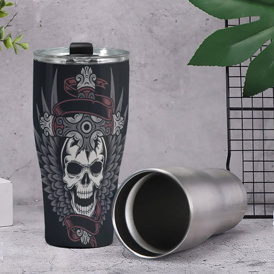 Wings skull travel mug, skull beer mug, motorcycle skull tumbler cup mug, goth jumbo Mug, skull reaper freezer Mug, skull in fire tumblr mug