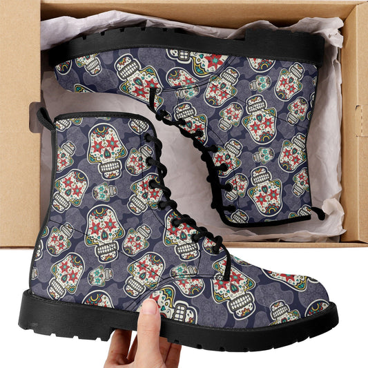 Floral sugar skull men women shoes, day of the dead fashion leather boots, floral skull ankle Boots, cinco de mayo skull boots, floral skull