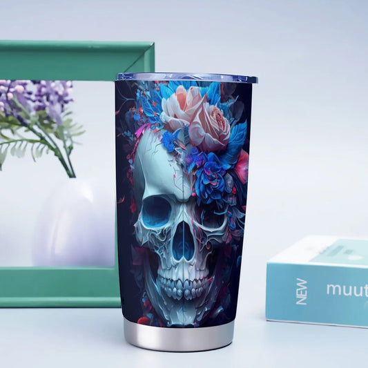 Flower skull tumbler cup mug, flower skull tumbler cup mug, flaming skull tumblr, flower skull mug, floral skull tumblr, flame skull mug cup