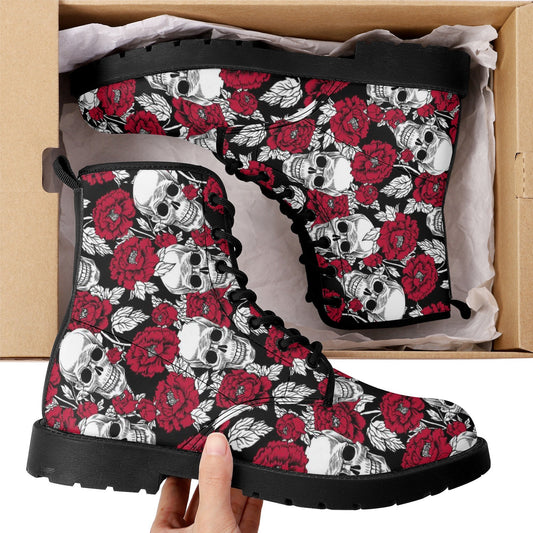 Floral skull combat boots, flame skull men women boots, grim reaper waterproof boot, skull in fire ankle Boots, gothic skull boots shoes