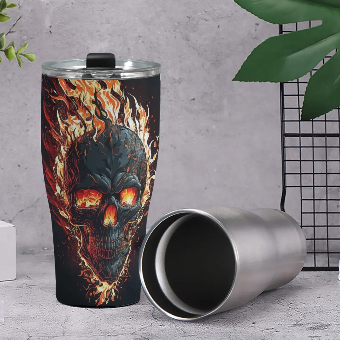 Flaming skull tumblr, halloween jumbo Mug, motorcycle skull cup, halloween travel mug, evil jumbo Mug, skeleton beer mug, skull tumblr cup