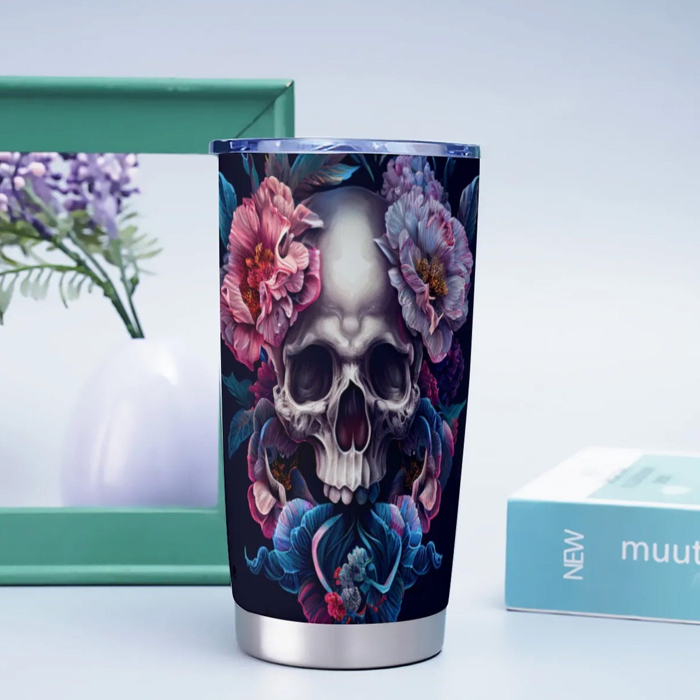 Flower skull travel mug, flower skull coffee mug, goth travel mug, skull beer mug, biker skull freezer Mug, halloween freezer Mug, christmas