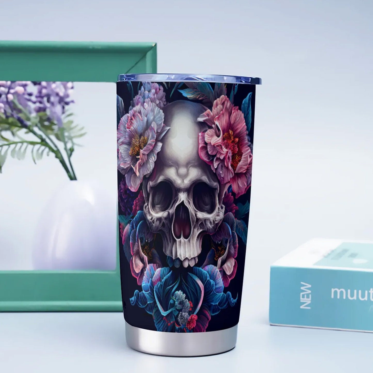 Flower skull travel mug, flower skull coffee mug, goth travel mug, skull beer mug, biker skull freezer Mug, halloween freezer Mug, christmas